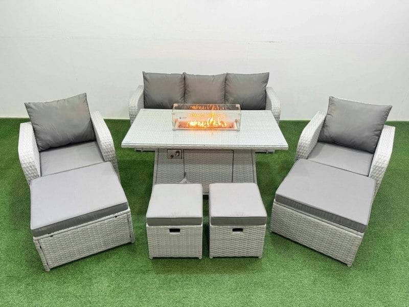 Fimous PE Rattan Lounge Sofa Set 9 Seater Outdoor Garden Furniture Set with Gas Fire Pit Table 3 Seater Sofa 2 Big Footstools Light Grey