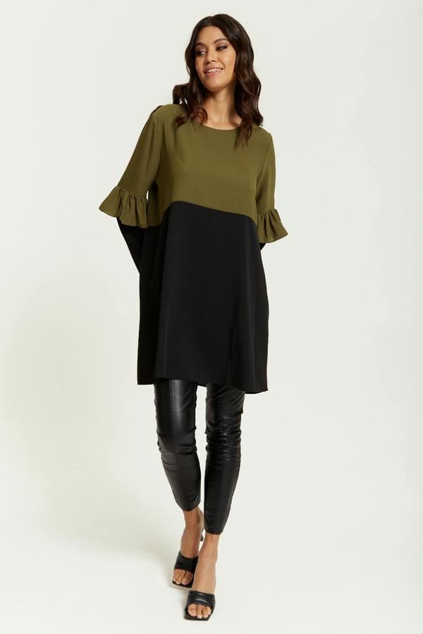 Hoxton Gal Colour Block Satin Tunic with Frill Detailed on Sleeve in Khaki and Black