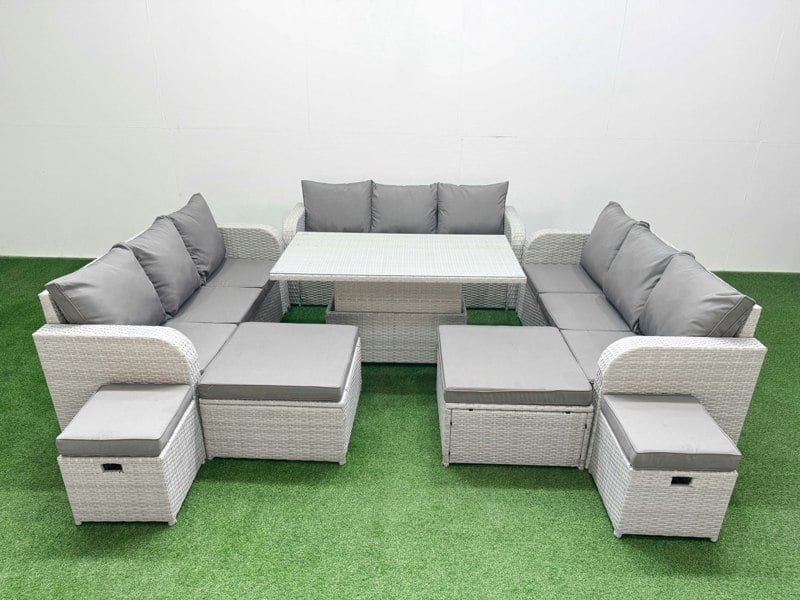 Fimous 8 Pieces Garden Rising Dining Table High Back Inclining Sofa Set 2 Big Footstool 2 Small Stool Light Grey