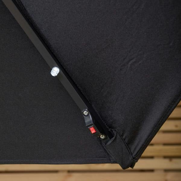 Samuel Alexander Outdoor 4 Person Round Glass Top Garden Dining Table Chairs With Black Banana Lit Parasol and Base Set