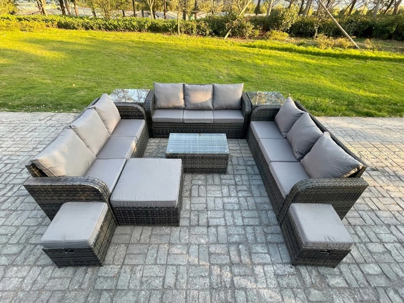 Fimous 12 Seater Dark Grey Mixed Rattan Outdoor Lounge Set - Rectangular Coffee Table, 3-Seater Sofa, 2 Side Tables & 3 Footstools