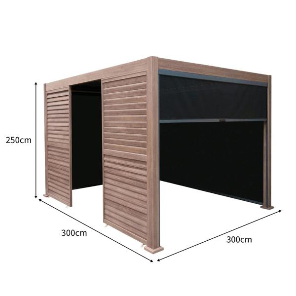 Wood effect aluminium pergola with blinds and two louvre panels, measuring 3m x 3m, showcasing a modern design and textured finish
