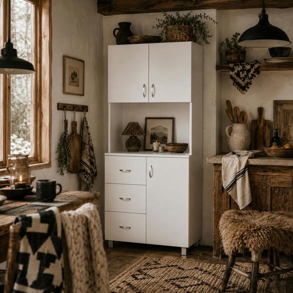 Wyld Haus Dika Wooden White Tall Kitchen Storage Cabinet With Doors Drawers And Adjustable Shelving 183.5 cm
