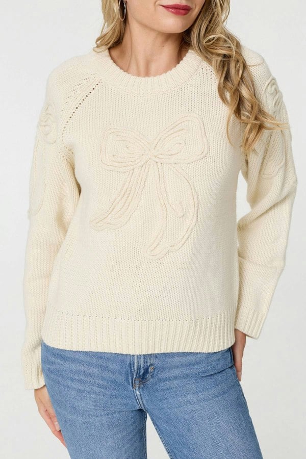 Cream | Bow Embroidered Long Sleeve Jumper