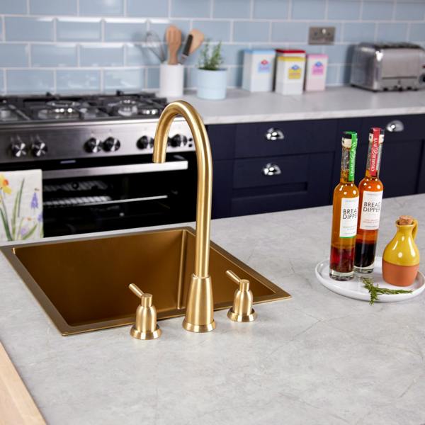 Flode Narvik | Dual Lever 3 Hole Kitchen Tap | Brushed Brass Finish