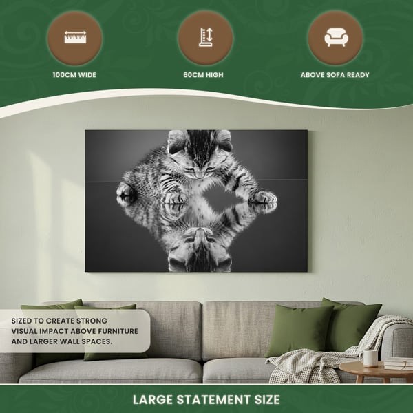 Large ‘Kitten on a Mirror’ Canvas Print in Black and White, Stretched Canvas on Wooden Frame, 100cm Wide x 60cm High