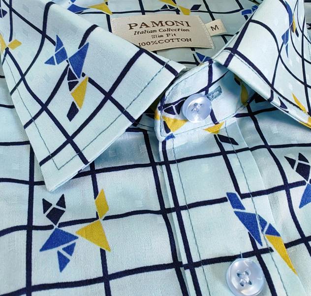 Pamoni Sky Blue Checkered Short-Sleeve Shirt with Delicate Floral Print