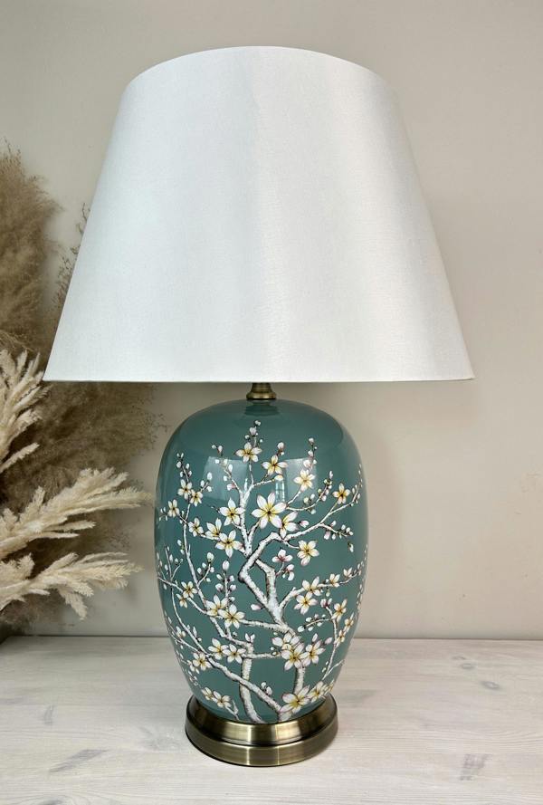 Teal Green Blossom Ceramic Table Lamp with Plain Shade (G2122 Plain)