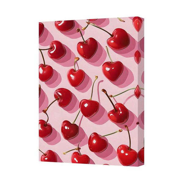 Benjamin Tate Design Cherry Pattern Canvas Art Print Pink Background On Wooden Frame