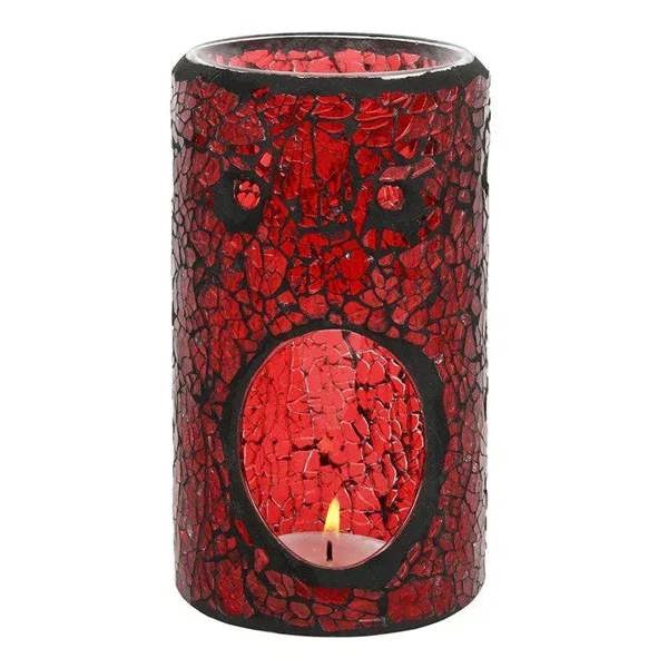 Red crackle glass oil/wax warmer with round window and metal wick plate