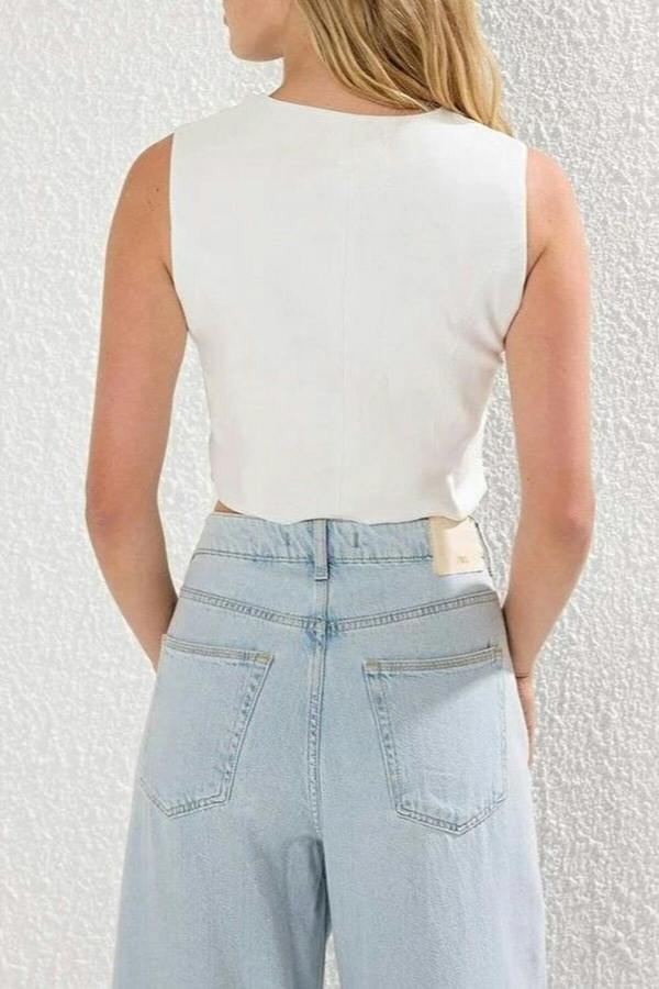 WOVCOR Linen-Look Double-Breasted Crop Vest
