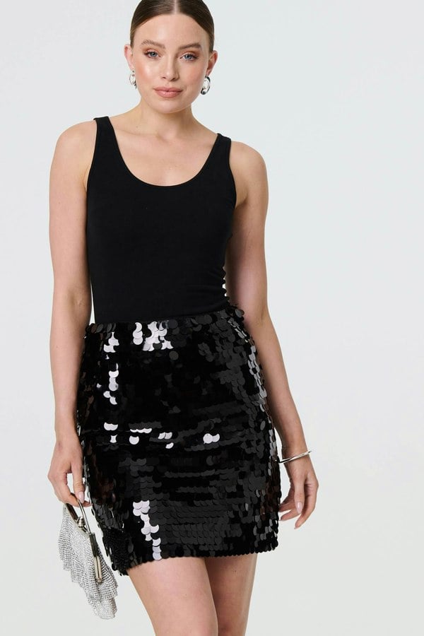 Black | Sequin Embellished High Waist Mini Skirt

