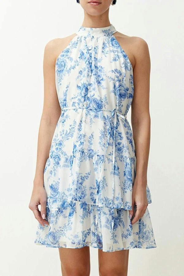 WOVCOR Floral Pattern A-Line Lined Chiffon Flowy Woven Mini Dress