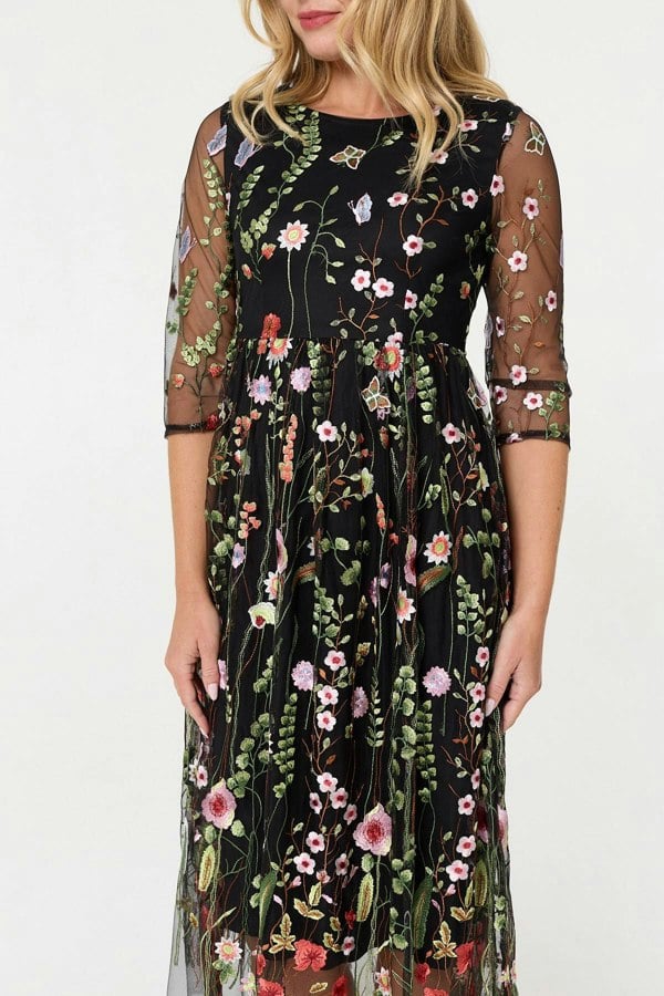 Black | Floral Embroidered Mesh Midi Dress
