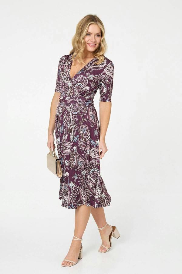Purple | Paisley 1/2 Sleeve Faux Wrap Midi Dress