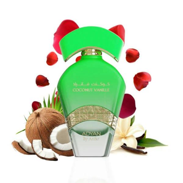 Adyan Coconut Vanille Extrait 100ML bottle with coconut and rose display