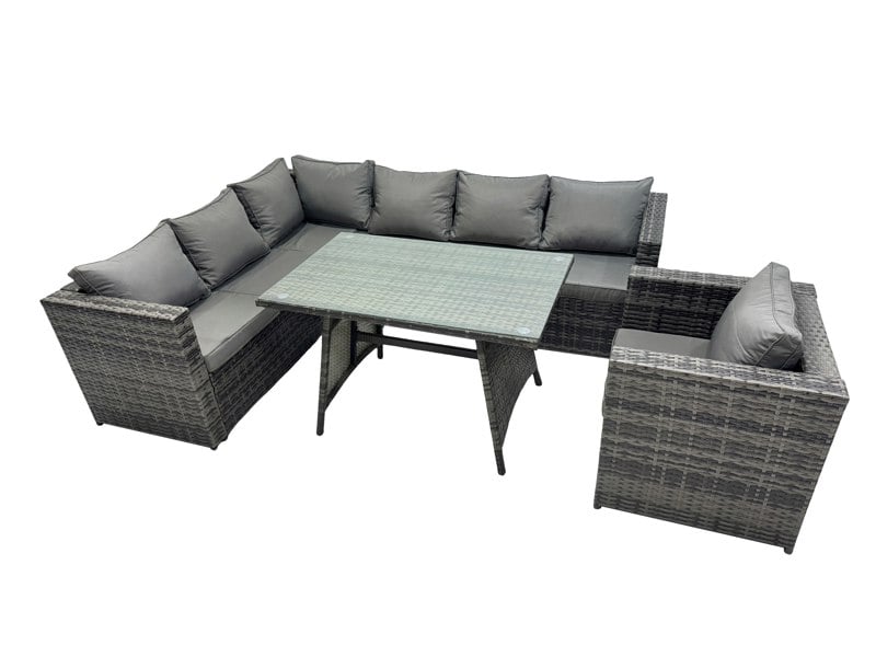 Fimous 7 seater Outdoor PE Rattan Sofa Set with Dining Table Patio Garden Furniture Sets with Chair Dark Grey Mixed