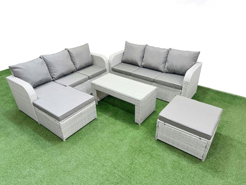 Fimous 8 Seater Rattan Outdoor Sofa Set - Light Grey Wicker with Oblong Coffee Table, High Back Lounge Sofa & 2 Footstools