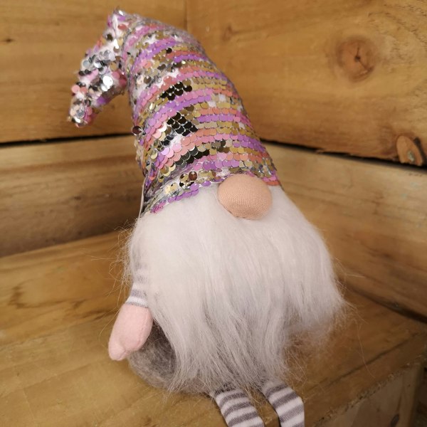 Samuel Alexander 49cm Festive Christmas Sitting Gonk with Dangly Legs & Sequin Hat in Pink & Grey