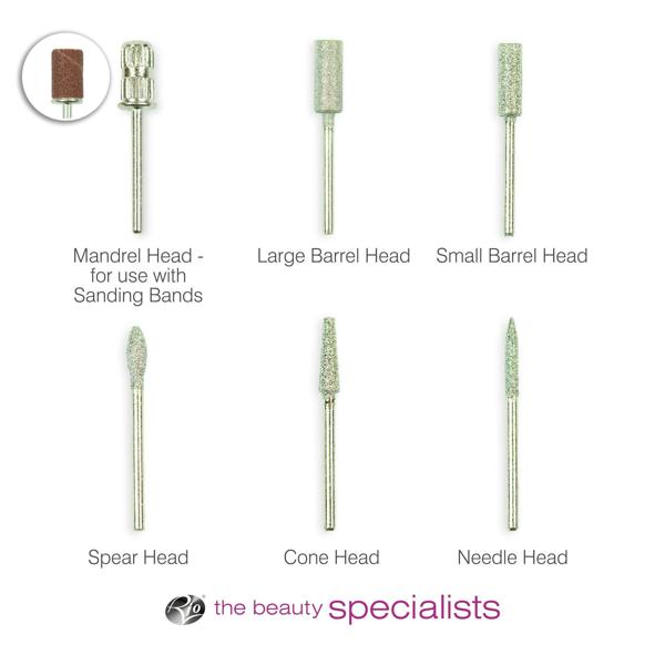 6 silver drill head attachments labelled with names of individual heads