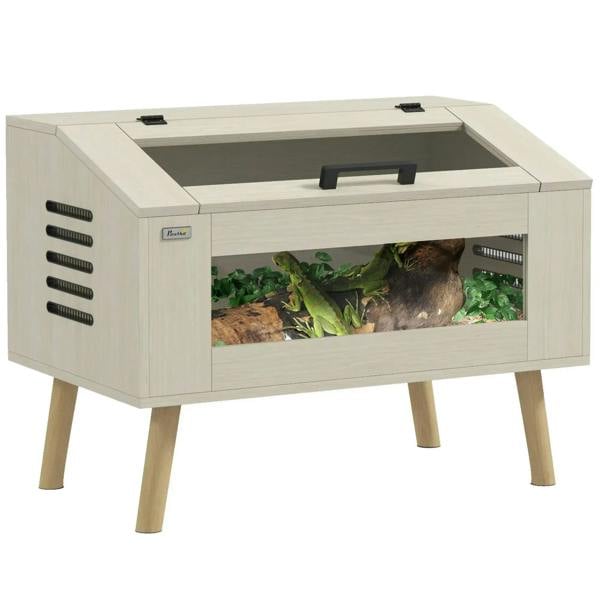 Oak-finish reptile vivarium with tempered glass front and black top handle, ventilated sides