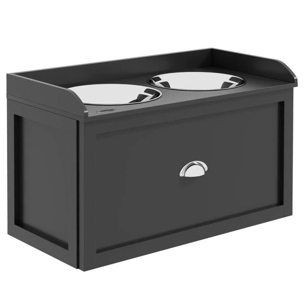Black raised pet feeding station with two stainless steel bowls and storage drawer