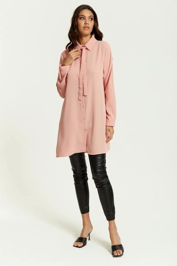 Hoxton Gal Oversized Tie Detailed Shirt Tunic with Long Sleeves in Pink