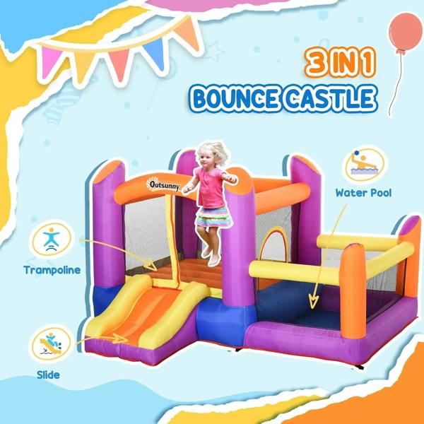 3-in-1 multi-color bounce castle with slide and water pool, shown with feature icons