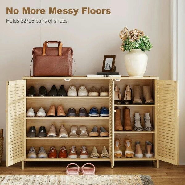 Bobobiy Bamboo Shoe Cabinet with Louvered Doors, 18 Pairs Shoe Storage Cabinet with Adjustable Shelves for Hallway, Natural