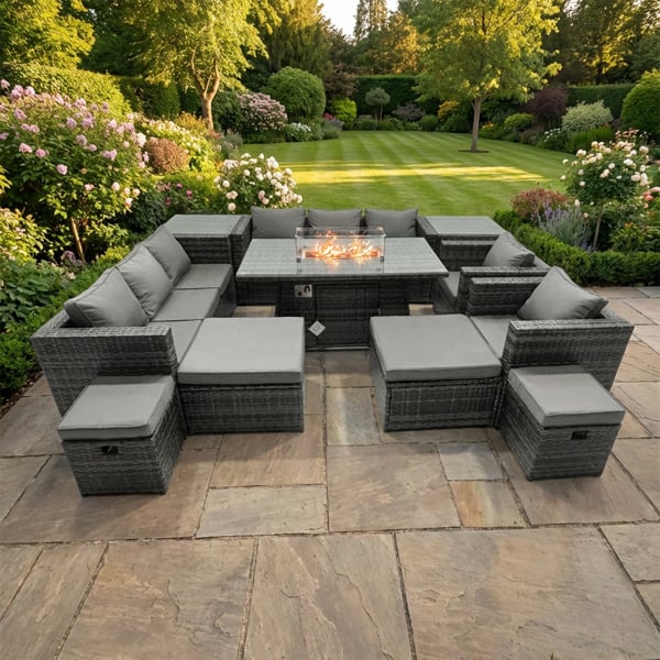 Fimous 12 Seater Rattan Furniture Set with Fire Pit Dining Table, 2 Sofas, 2 Chairs & 2 Footstools - Dark Grey