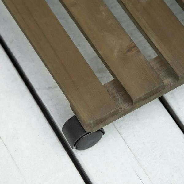 Corner caster wheel attached to dark brown wooden plant caddy base