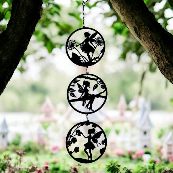 EDH Door Hardware Black Fairy Silhouette Hanging Trio Spinner– 60cm x 15cm | 3-Tier Kinetic Wind Spinner for Garden & Home
