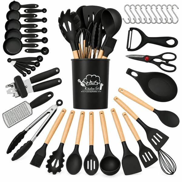 ATEK 35 Piece Silicone Kitchen Utensil Set Wooden Handles Black with Holder