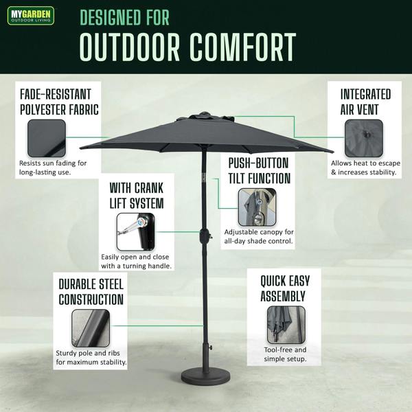 My Garden Outdoor Living Parasol Umbrella 2m Dia - Push Button Tilting Patio Umbrella with Crank Lift - Polyester Canopy, Outdoor Sun Shade