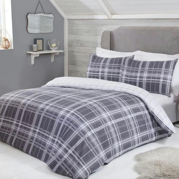Smart Living Tartan Check Duvet Cover With Pillowcases- Grey