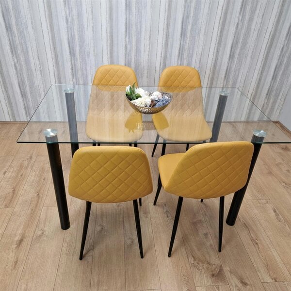Kosy Koala Glass Dining Table with 4 Mustard Chairs Dining Room Dining Table set for 4