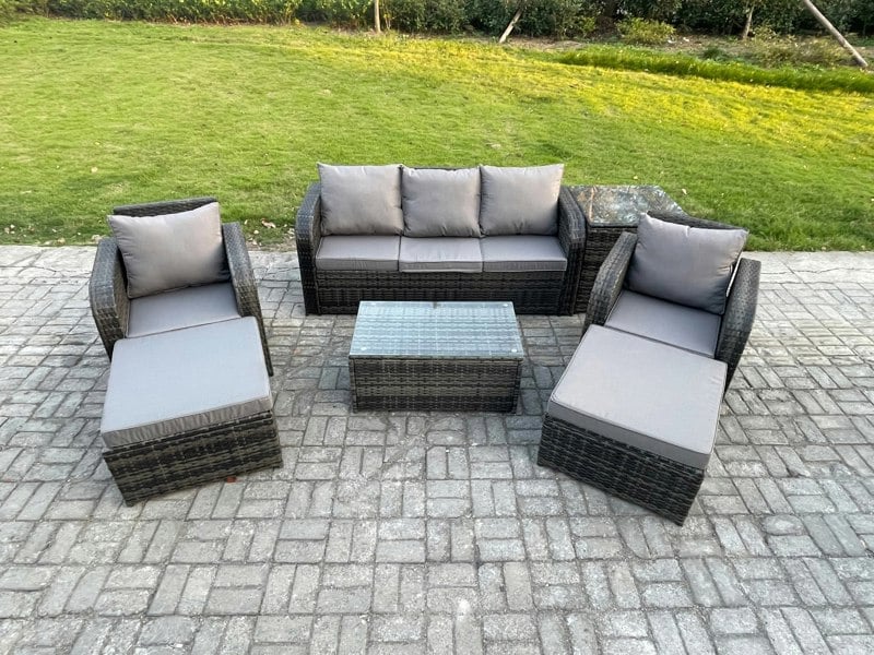 Fimous 7-Seater Rattan Garden Furniture Set - Dark Grey Mixed Patio Lounge Sofa with Rectangular Coffee Table & 2 Big Footstools