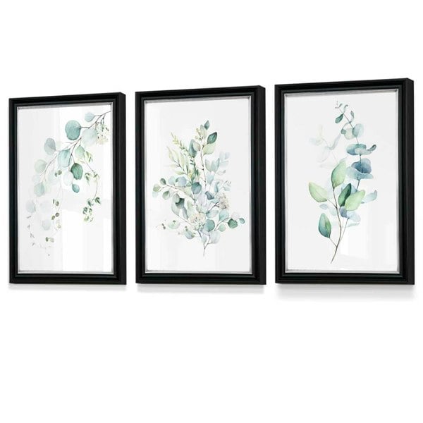 Artze Wall Art FLORAL Set of 3 Eucalyptus Blue Green Leaves Framed Prints