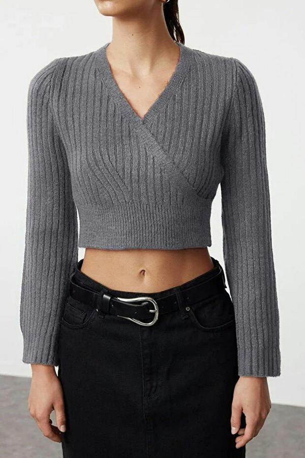 WOVCOR Crop Soft Textured Double Breasted Knit Sweater