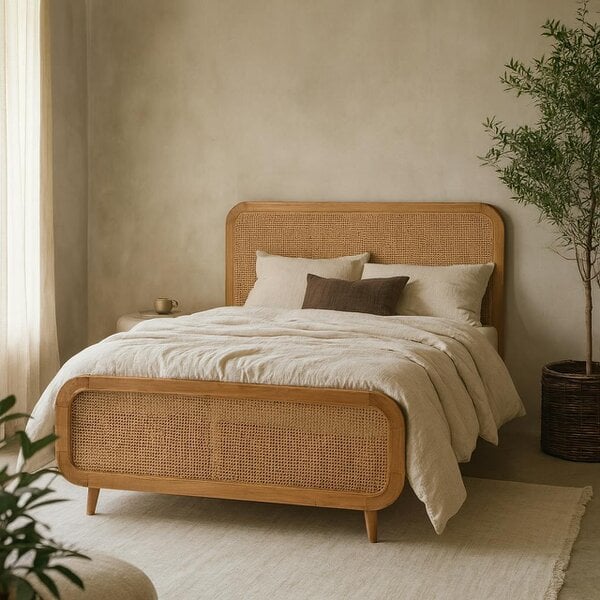 Wyld Haus Trapani King Size Bohemian Rattan and Mango Wood Bed with Headboard