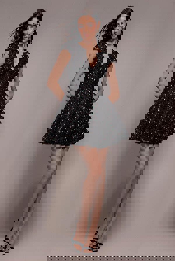 Bead Embellished Jacquard Skater Mini Dress - Black DR4785