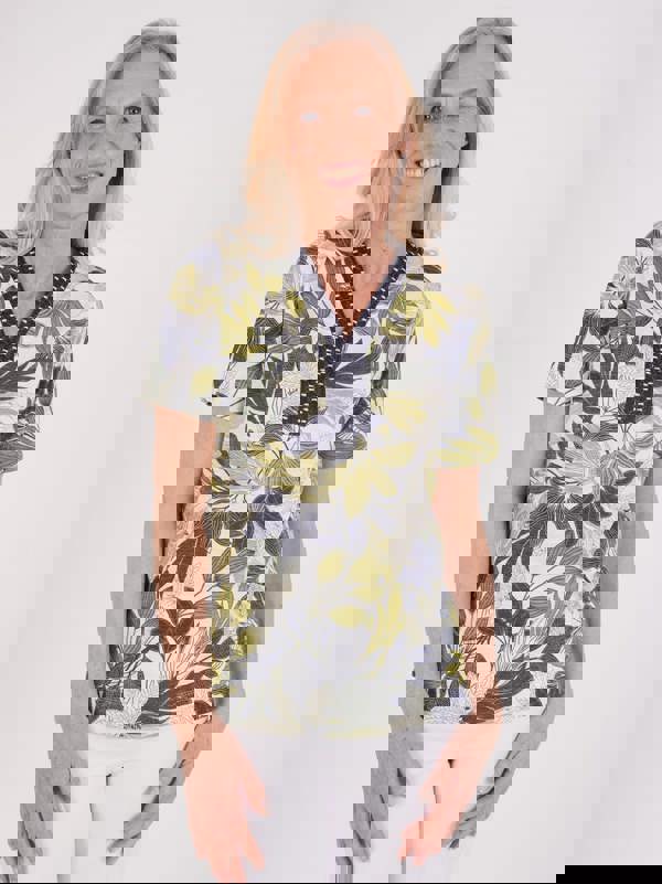 TIGI Embroiderd Notch Neckline Jungle Print Top