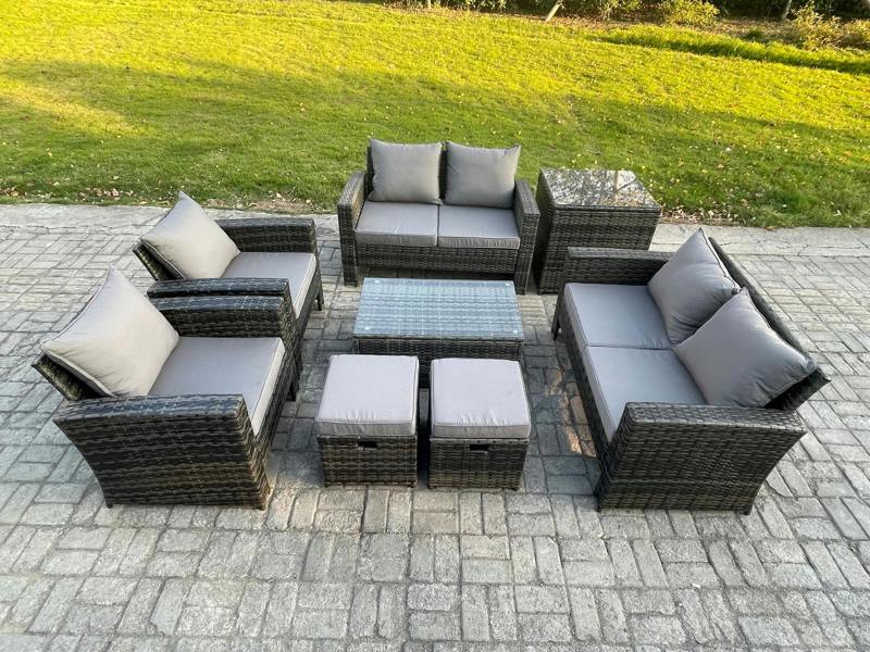 Fimous 8 Pieces Garden Furniture Set, Outdoor Rattan, Manual Wicker Patio Sofa Chair, Coffee Table, Side Table and 2 Small Footstools, Dark Grey Mixed
