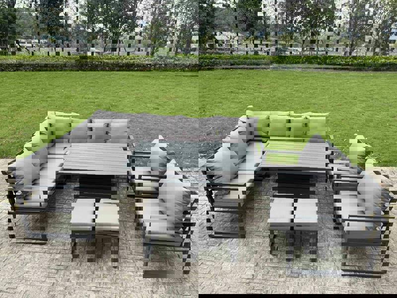 Fimous 10 Seater Aluminium Garden Furniture Set with Adjustable Rising Dining Table, Chair, 2 Footstools Corner Sofa Set - Dark Grey