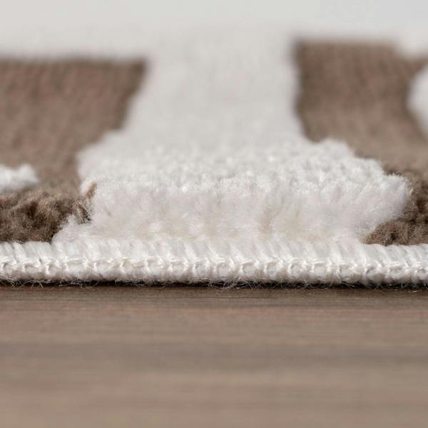 Close-up of a carpet with a brown border and white padding