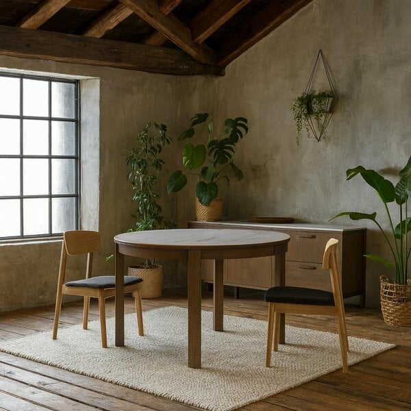 Wyld Haus Cork Round Extendable Dining Table with Cream Ceramic Top and Oak Veneer Base