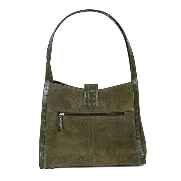 Pia Olive Suede Shoulder Bag, Roomy Bag with Croc-Embossed Trim