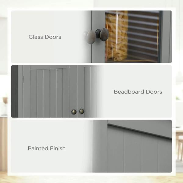 Grey pantry cupboard with glass doors, beadboard-style cabinet doors, and painted finish