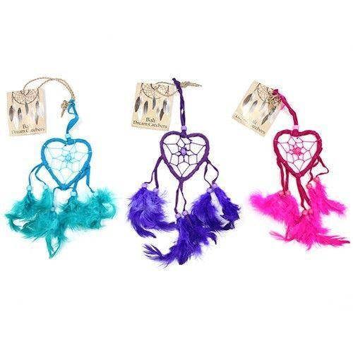 Set of three small heart dreamcatchers with feather fringe in turquoise, purple, and pink.