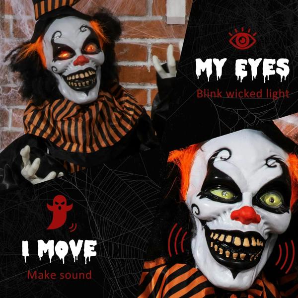 Creepy clown animatronic with glowing eyes, striped outfit, raised hand